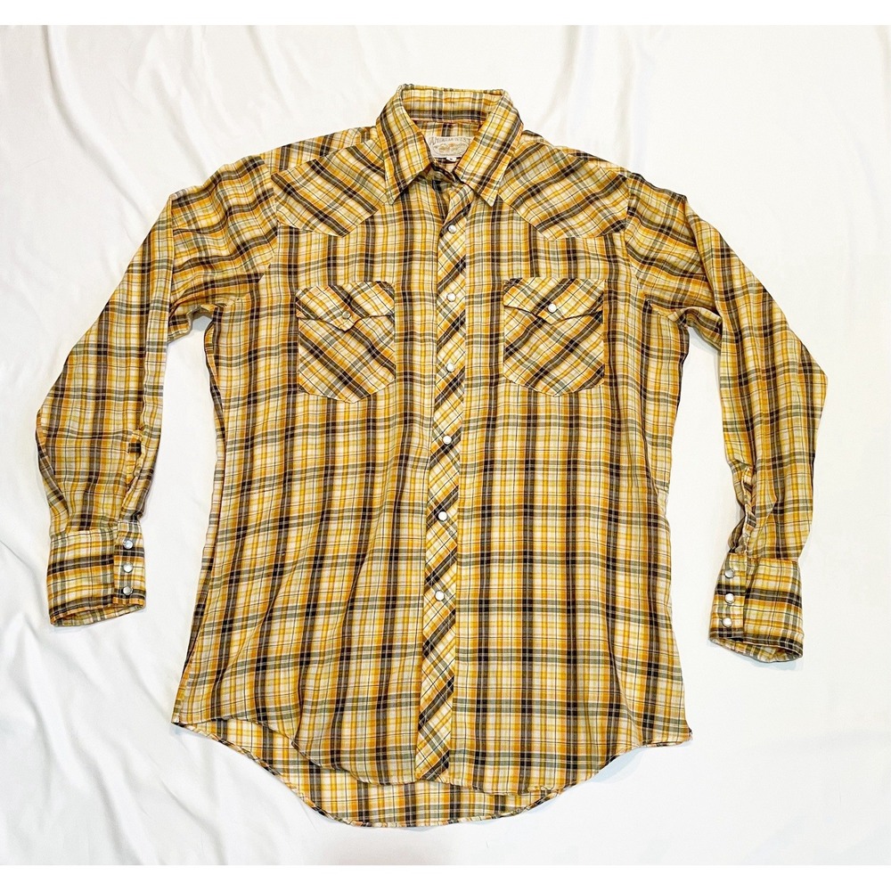Vintage American West Pearl Snap Orange Plaid Shirt Men's 15-15 1/2 Western